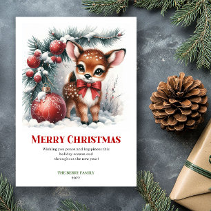 Tarjeta de Feliz Navidad con Bosque Nevado y Cierv