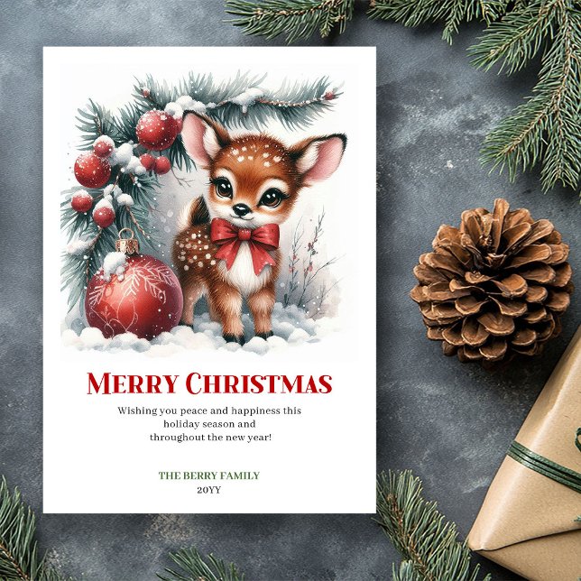 Tarjeta de Feliz Navidad con Bosque Nevado y Cierv (Tranquil Fawn Snowy Forest Christmas Greeting Card)