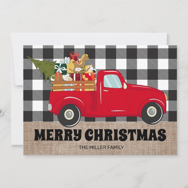 Tarjeta de Feliz Navidad con Camioneta de Plaid de (Anverso)