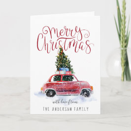 Tarjeta de Feliz Navidad con Coche Rojo Vintage