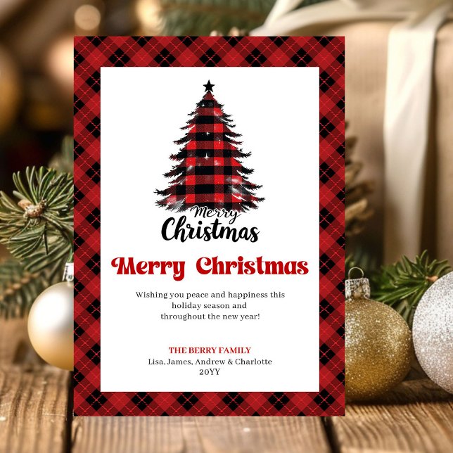 Tarjeta de Feliz Navidad con Cuadro de Búfalo con  (Stylish Buffalo Check Christmas Greeting Card)