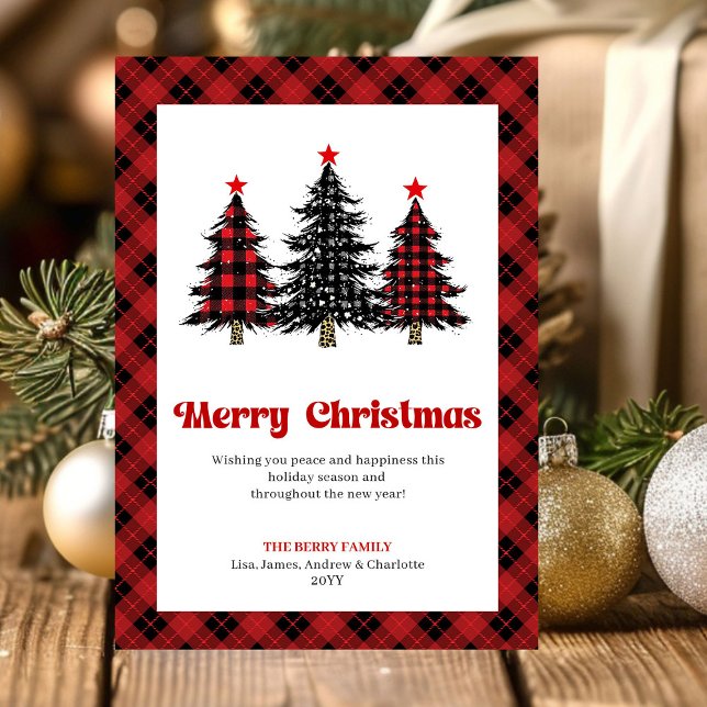 Tarjeta de Feliz Navidad con Cuadro de Búfalo Mode (Modern Buffalo Check Christmas Greeting Card)