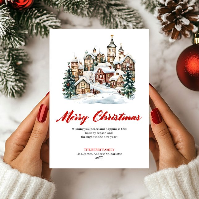 Tarjeta de Feliz Navidad con Escena Festiva de Acu (Festive Watercolor Christmas Scene Greeting Card)