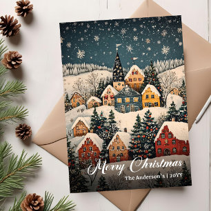 Tarjeta de Feliz Navidad con Escena Navideña Vinta