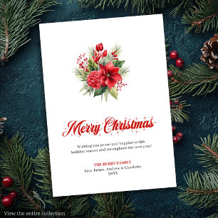 Tarjeta de Feliz Navidad con Flores de Acuarela El