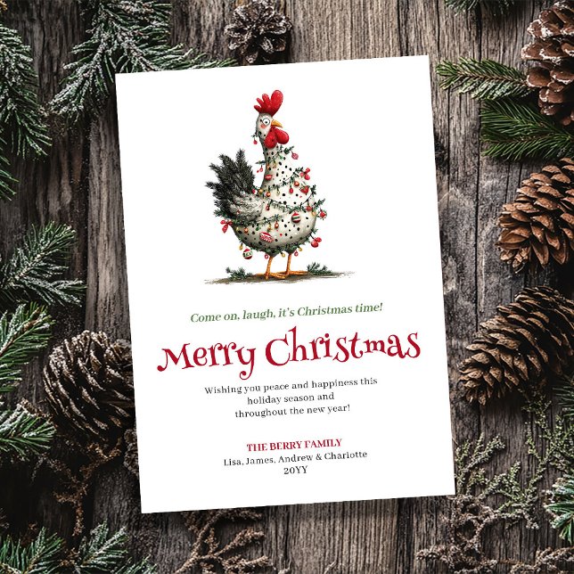 Tarjeta de Feliz Navidad con Gallina Divertida Acu (Funny Chickens Watercolor Christmas Greeting Card)