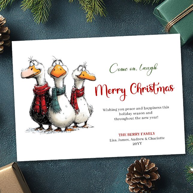Tarjeta de Feliz Navidad con Gansos Divertidos y T (Christmas Funny Silly Geese Whimsy Greeting Card)