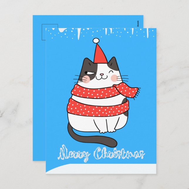Tarjeta de Feliz Navidad con Gato de Dibujos Anima (Anverso / Reverso)