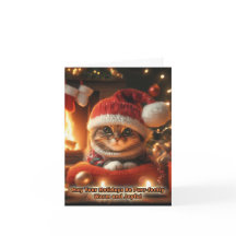 Tarjeta de Feliz Navidad con Gato delante del Fueg