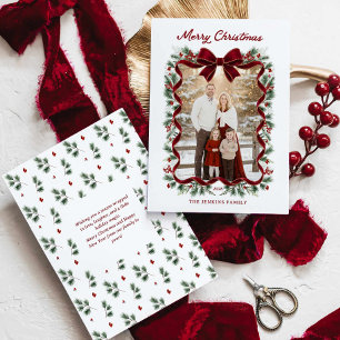 Tarjeta de Feliz Navidad con Lazo Rojo y Foto