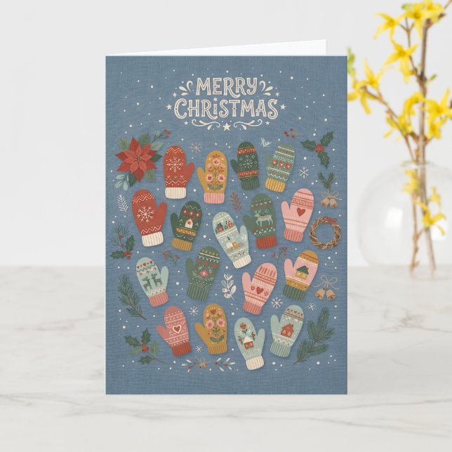 Tarjeta de Feliz Navidad Con Mitones Invernal Colo (flor amarilla)