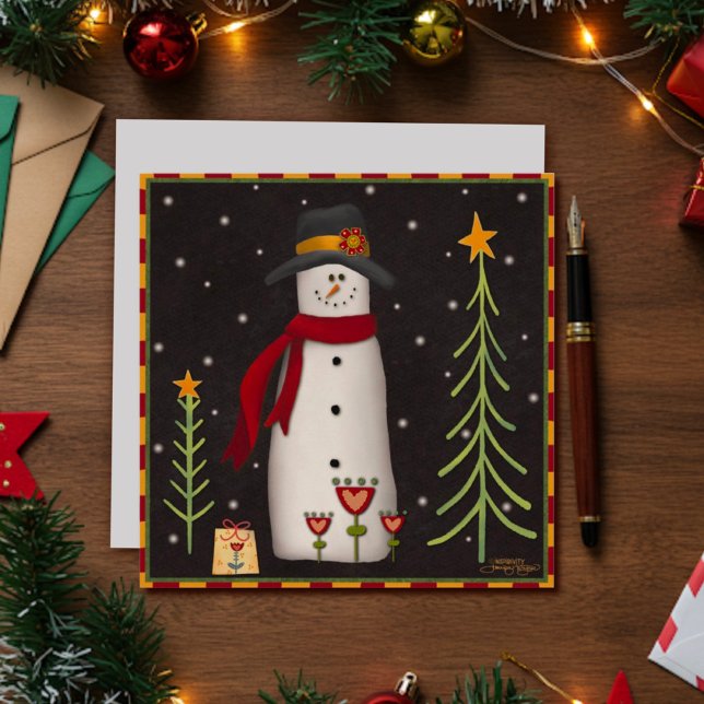Tarjeta de Feliz Navidad con muñeco de nieve folk  (Subido por el creador)