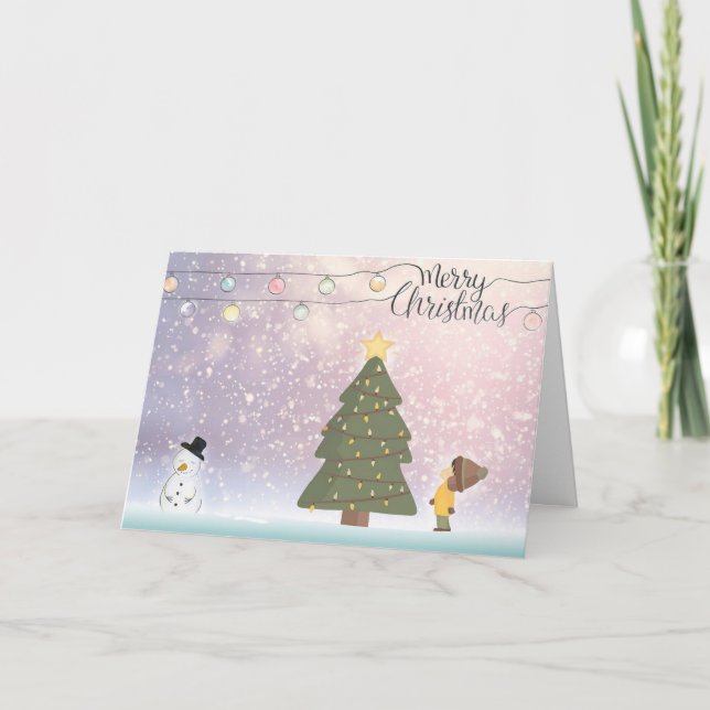 Tarjeta de Feliz Navidad con Muñeco de Nieve/Niño (Anverso)