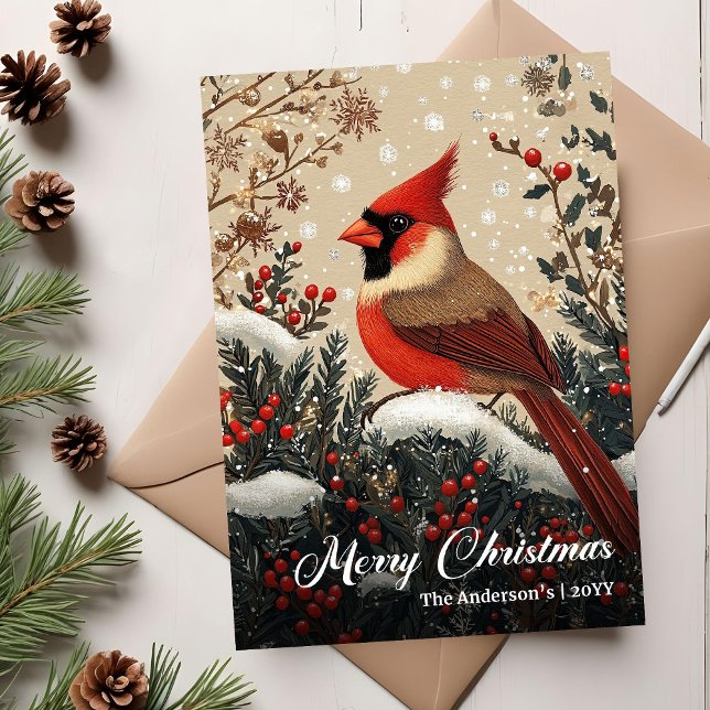 Tarjeta de Feliz Navidad con Pájaro Nostálgico de  (Trendy Nostalgic Christmas Bird Greeting Card)