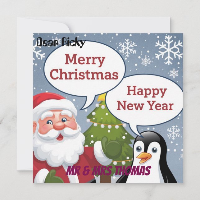 Tarjeta de Feliz Navidad con Papá Noel y Pingüino (Anverso)