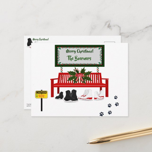 Tarjeta de Feliz Navidad con Patinaje sobre Hielo (Anverso/Reverso In Situ)