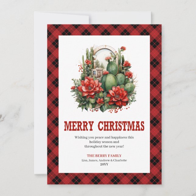 Tarjeta de Feliz Navidad con Plaid Occidental de B (Anverso)