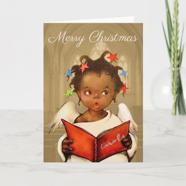 Tarjeta de Feliz Navidad con Querubín Afroamerican (Anverso)