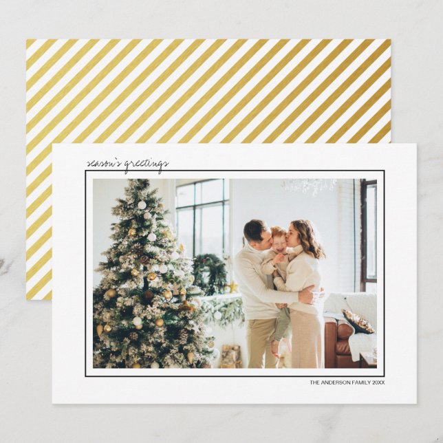 Tarjeta de Feliz Navidad con Rayas Blancas y Dorad (Anverso / Reverso)