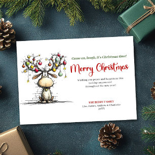 Tarjeta de Feliz Navidad con Reno Divertido