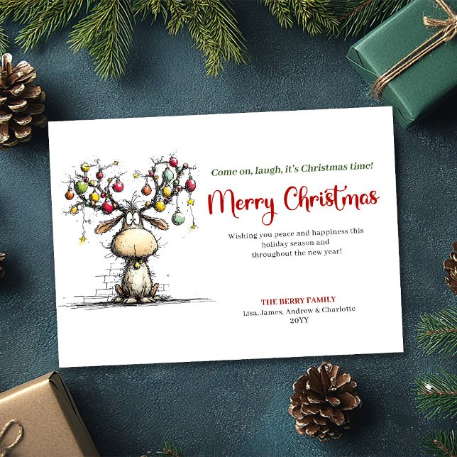 Tarjeta de Feliz Navidad con Reno Divertido (Red Green Funny Reindeer Christmas Greeting)