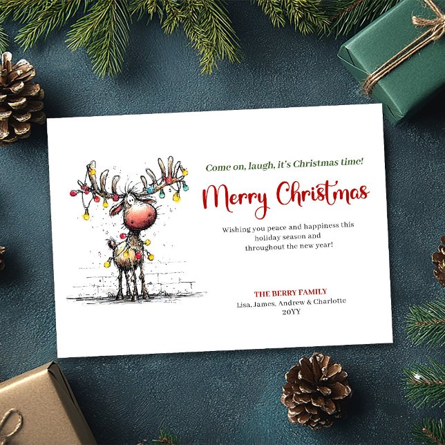 Tarjeta de Feliz Navidad con Reno Divertido (Joyful Whimsical Reindeer Christmas Greeting)
