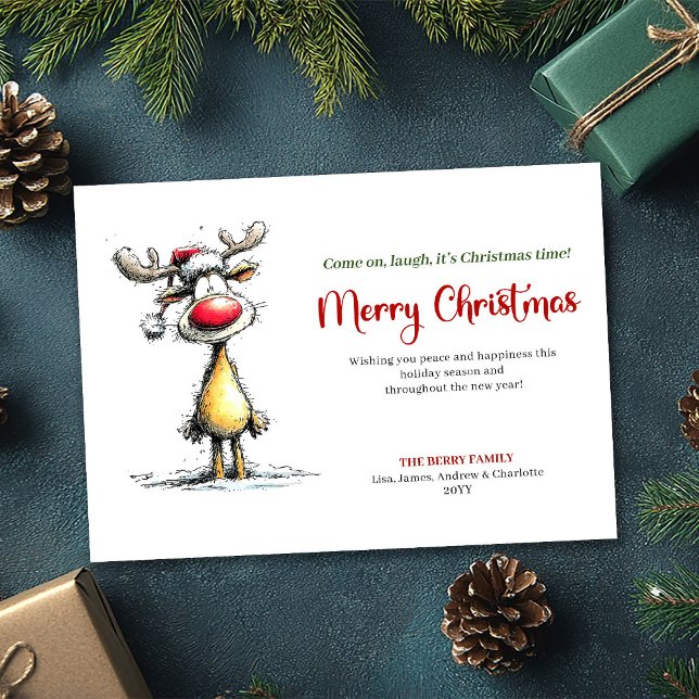 Tarjeta de Feliz Navidad con Reno Divertido Modern (Modern Funny Reindeer Christmas Greeting Card)