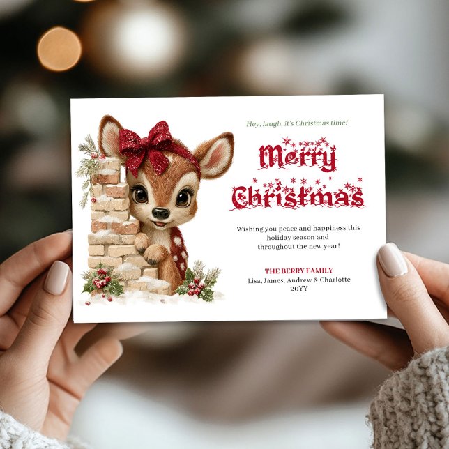 Tarjeta de Feliz Navidad con Reno Divertido y Rúst (Rustic Peeking Reindeer Funny Holiday Greeting Card

)