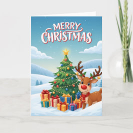 Tarjeta de Feliz Navidad con Reno y Árbol de Navid