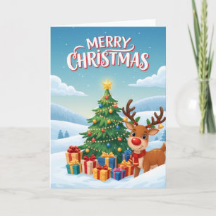 Tarjeta de Feliz Navidad con Reno y Árbol de Navid