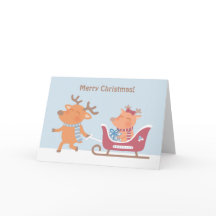Tarjeta de Feliz Navidad con Reno y Trineo Adorabl