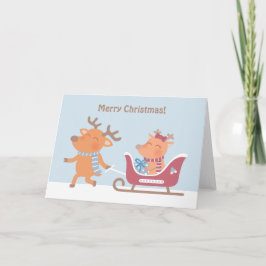 Tarjeta de Feliz Navidad con Reno y Trineo Adorabl