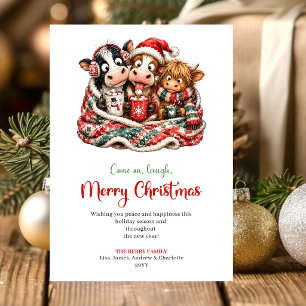Tarjeta de Feliz Navidad con Vacas Divertidas y Ac