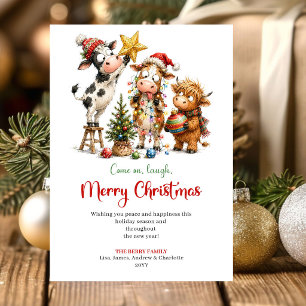 Tarjeta de Feliz Navidad con Vacas Divertidas y Or