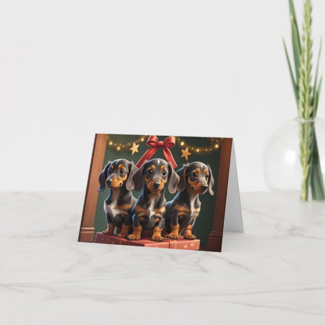 Tarjeta de Feliz Navidad de Cachorros Dachshund (Anverso)