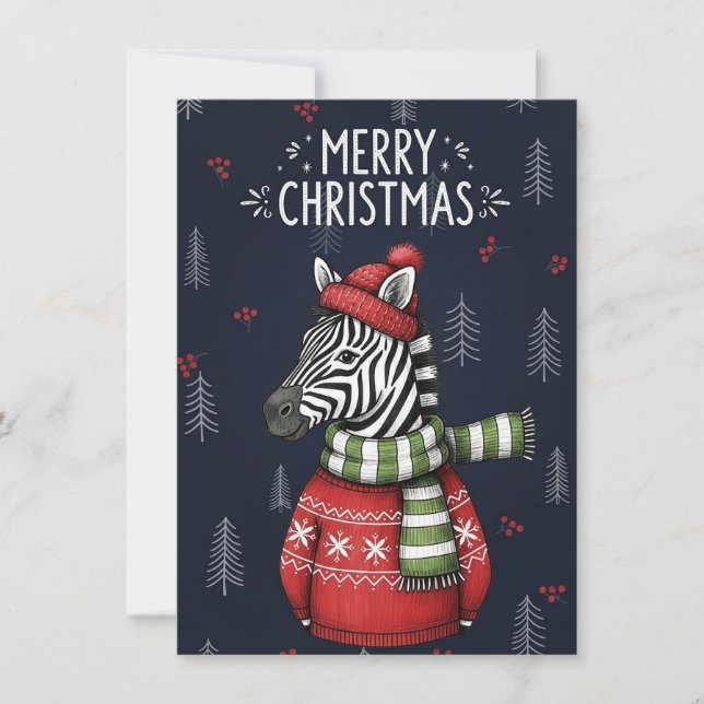 Tarjeta de Feliz Navidad de Cebra en Suéter de Pun (Anverso)