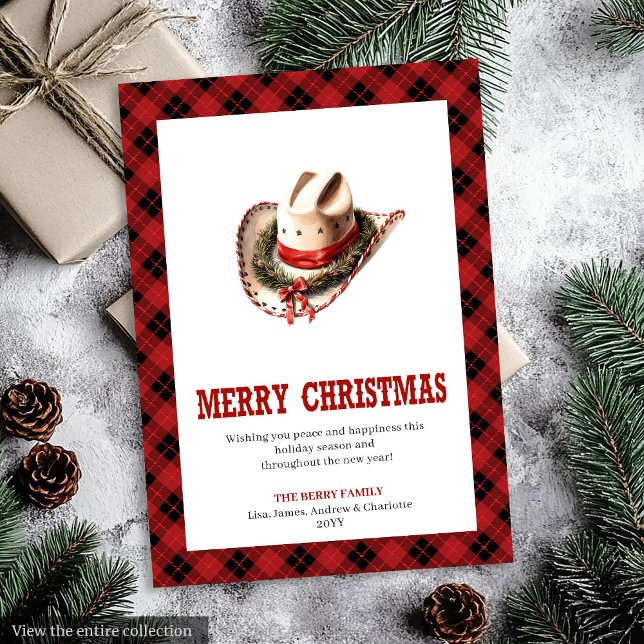 Tarjeta de Feliz Navidad de Cuadros Tradicionales  (Traditional Western Plaid Holiday Greeting Card)