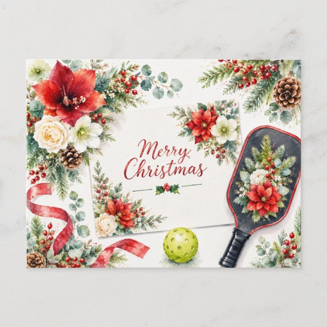 Tarjeta de Feliz Navidad de Pickleball Floral |  (Anverso)