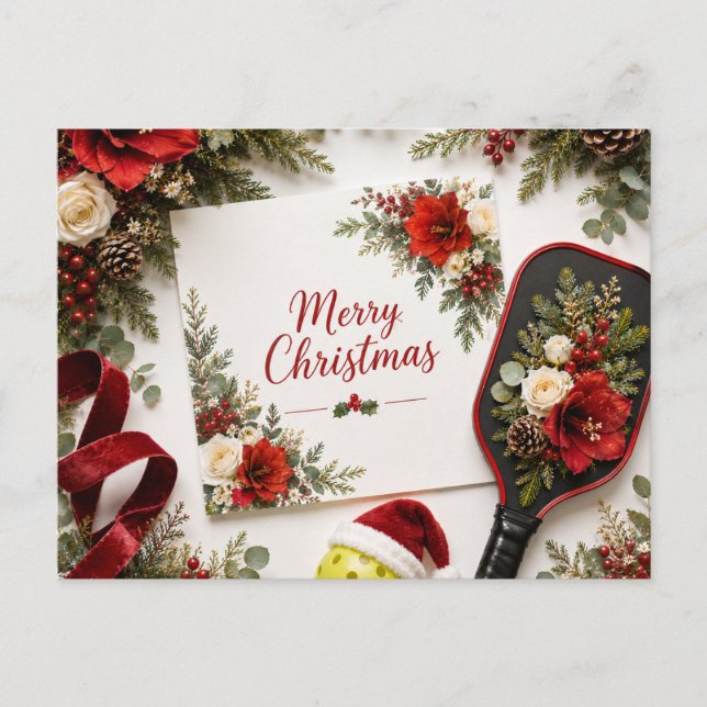 Tarjeta de Feliz Navidad de Pickleball Floral |  (Anverso)