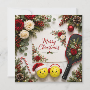 Tarjeta de Feliz Navidad de Pickleball Floral