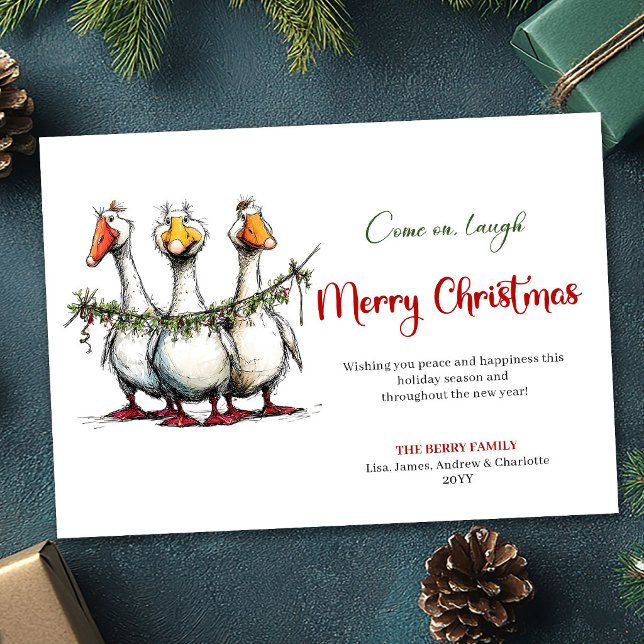 Tarjeta de Feliz Navidad Divertida y Simple de Gan (Christmas Funny Silly Geese Minimal Greeting Card)