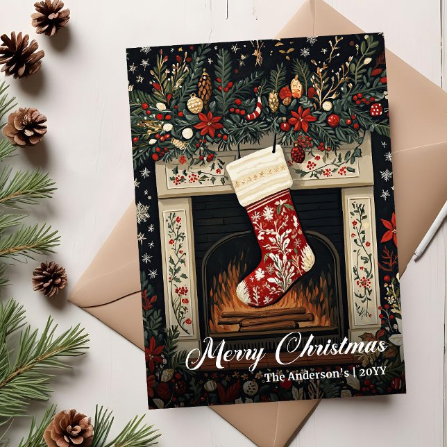 Tarjeta de Feliz Navidad Editable con Estilo Retro (Retro Christmas Stocking Editable Holiday Greeting)