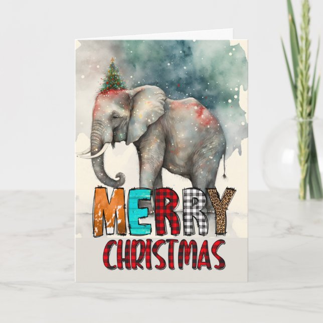 Tarjeta de Feliz Navidad Elefante Feliz (Anverso)