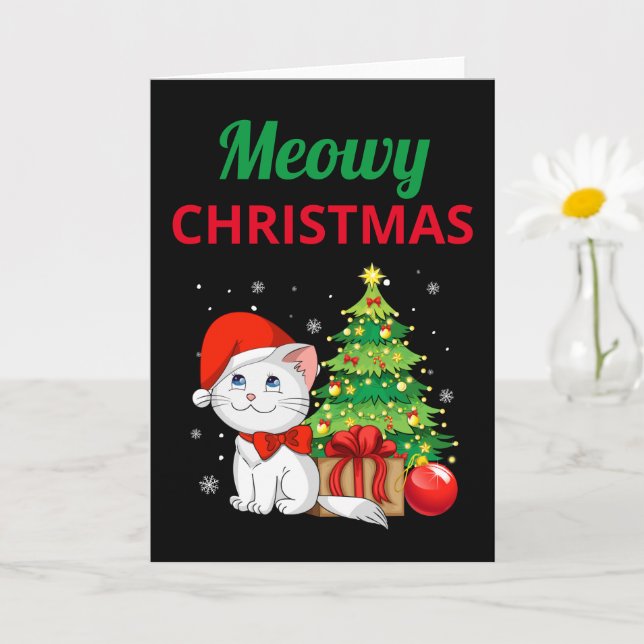 Tarjeta de Feliz Navidad Meowy Doblada (Planta pequeña)