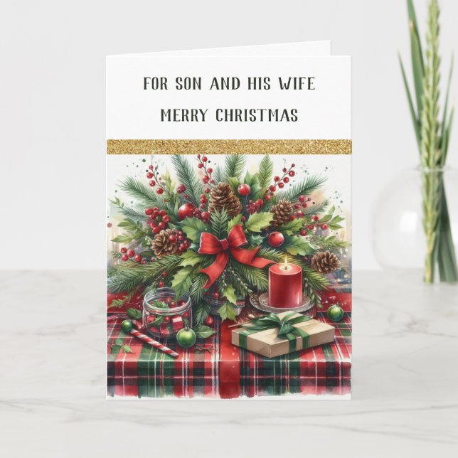 Tarjeta de Feliz Navidad para Hijo y Esposa (Anverso)