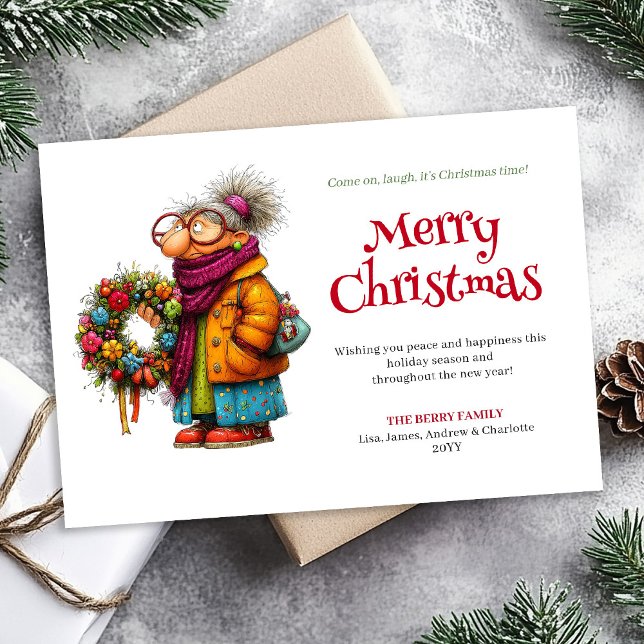 Tarjeta de Feliz Navidad para Mujer Loca y Diverti (Cute Crazy Woman Christmas Greeting Custom Card)