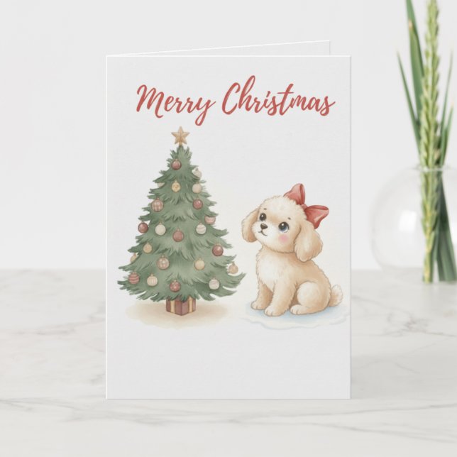 Tarjeta de Feliz Navidad Perrito Perro Esponjoso c (Anverso)