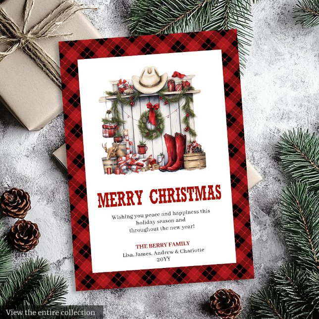Tarjeta de Feliz Navidad Plaid Western Buffalo Rus (Plaid Western Buffalo Rustic Xmas Greeting)
