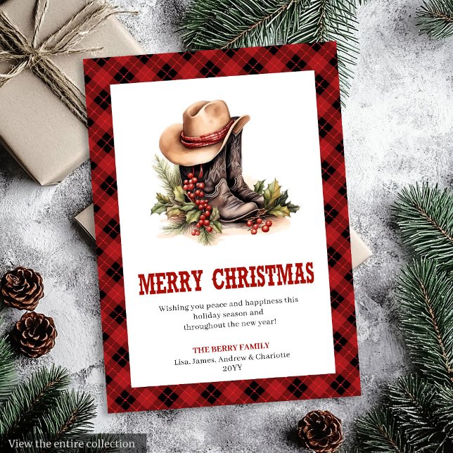 Tarjeta de Feliz Navidad Rústica Occidental de Cua (Rustic Western Red Tartan Holiday Greeting Card)
