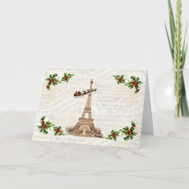 Tarjeta de Feliz Navidad Vintage Santa sobre París (Anverso)